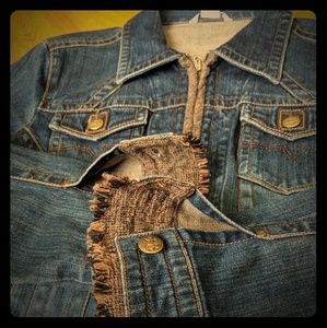 Cabi Tweed Fringe Full Zip Jean Jacket Size Large